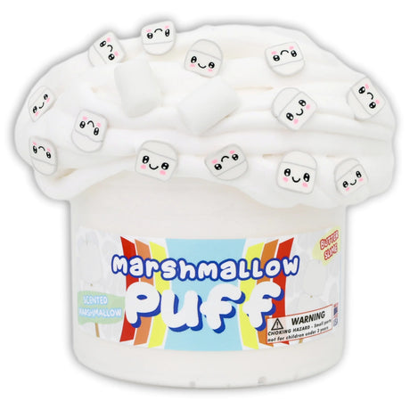 White marshmallow-scented butter slime with marshmallow charms and themed toppings in clear topping lid
