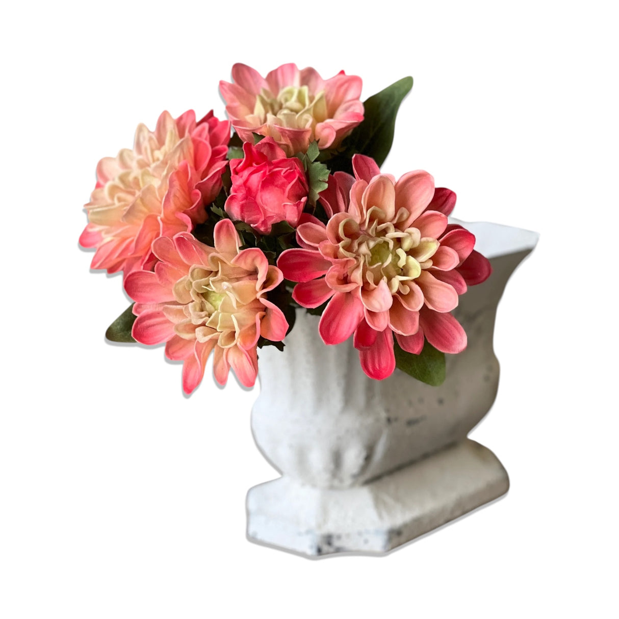 Faux Matilda mum bundle in coral and blush tones with ombre petals and greenery for seasonal home decor styling