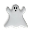 Ghost-shaped ceramic plate with a matte white reactive glaze and black details.