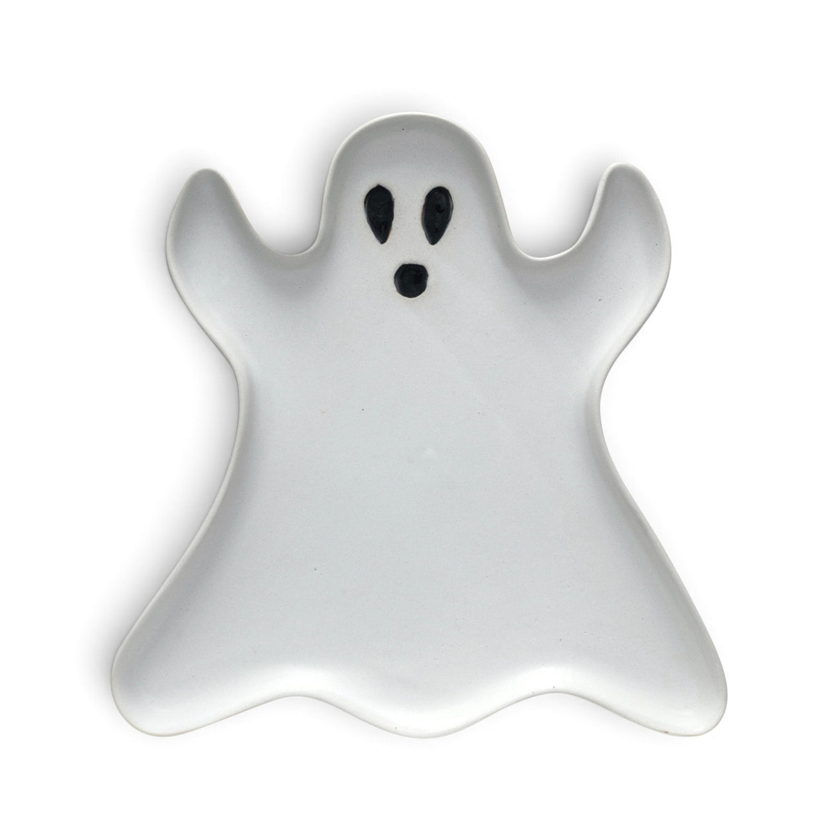 Ghost-shaped ceramic plate with a matte white reactive glaze and black details.