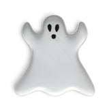 Ghost-shaped ceramic plate with a matte white reactive glaze and black details.