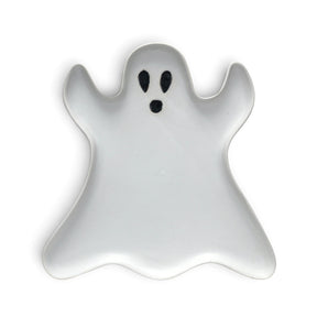 Ghost-shaped ceramic plate with a matte white reactive glaze and black details.