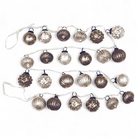 Taupe and cream mercury glass ornament garland with velvet ribbon, 72 inches long