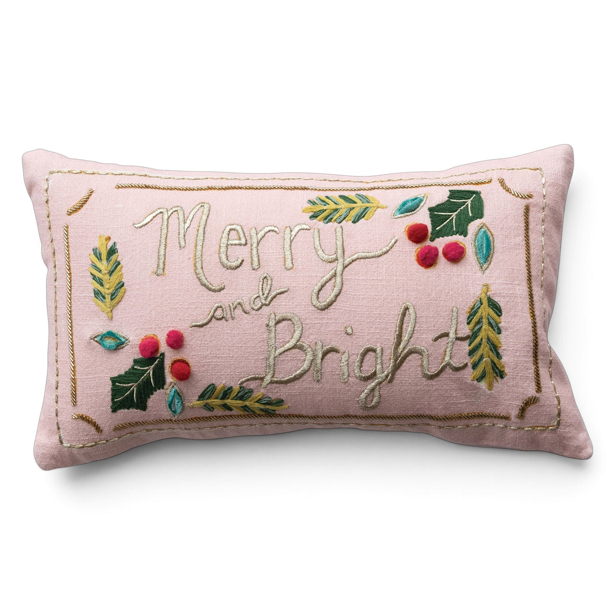 Blush pink Merry and Bright lumbar pillow with embroidered greenery, red and pink pompom berries, and gold-toned beaded trim