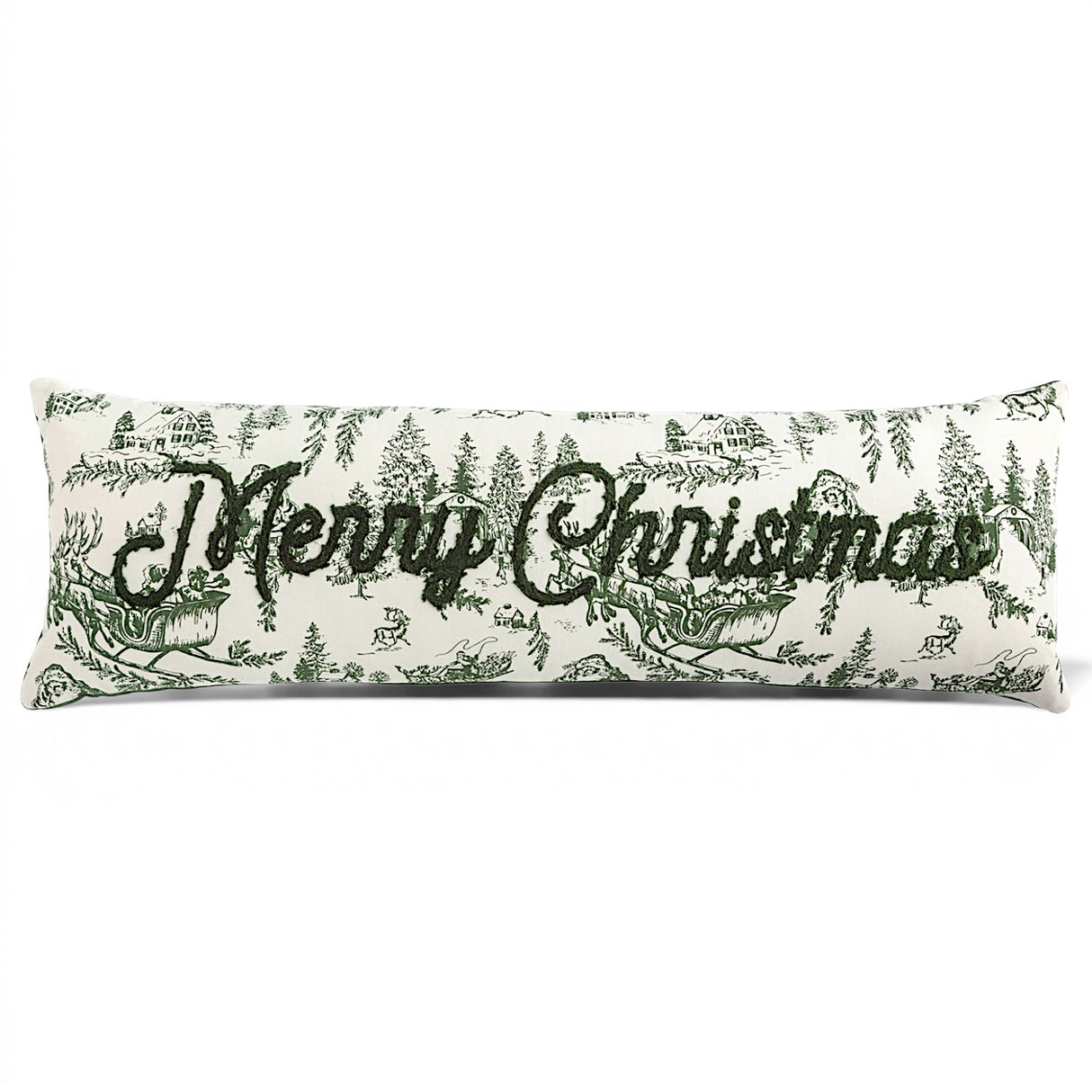 Merry Christmas green toile long lumbar pillow with embroidered lettering