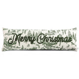 Merry Christmas green toile long lumbar pillow with embroidered lettering
