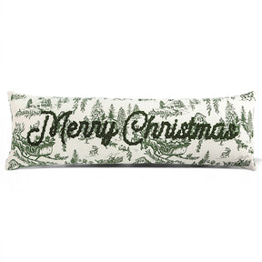 Merry Christmas green toile long lumbar pillow with embroidered lettering