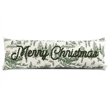 Merry Christmas green toile long lumbar pillow with embroidered lettering