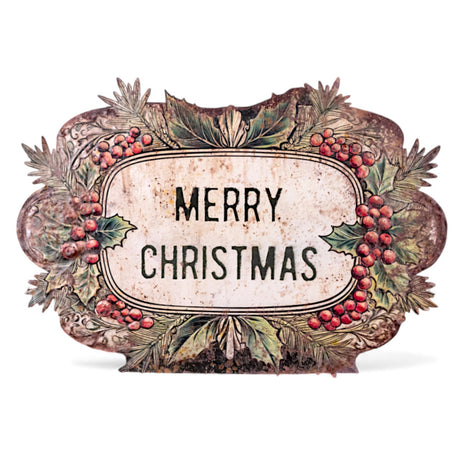 Oversized Merry Christmas metal dummy board with holly and berry artwork in a distressed vintage style