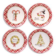 Four ceramic plates with red plaid borders and Merry Christmas lettering featuring candy canes, a snowman, a wreath, and a Christmas tree