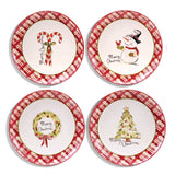 Four ceramic plates with red plaid borders and Merry Christmas lettering featuring candy canes, a snowman, a wreath, and a Christmas tree
