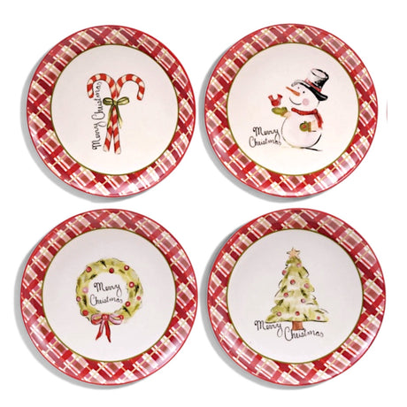 Four ceramic plates with red plaid borders and Merry Christmas lettering featuring candy canes, a snowman, a wreath, and a Christmas tree