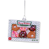 glass doughnut box ornament with six frosted doughnuts and sprinkles