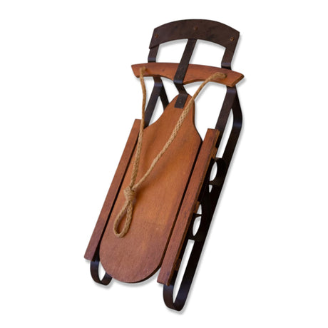 Decorative metal and wood Christmas sled with rope hanger and natural finish