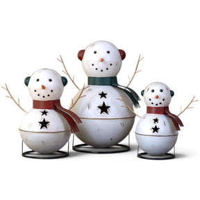 Metal bell snowman decorations in three graduated sizes for a festive winter Christmas display.