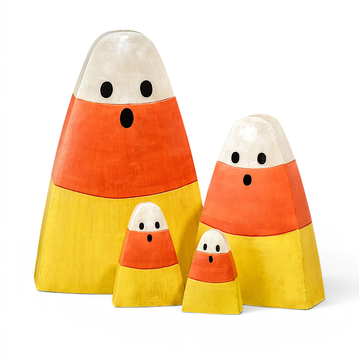 Metal candy corn Halloween décor with ghost faces in four sizes