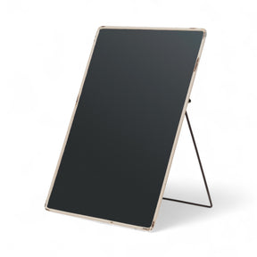 Distressed metal framed chalkboard with yellow finish and easel stand, 8x12 inches