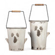 Two metal ghost buckets with distressed finish and wooden handles in different sizes