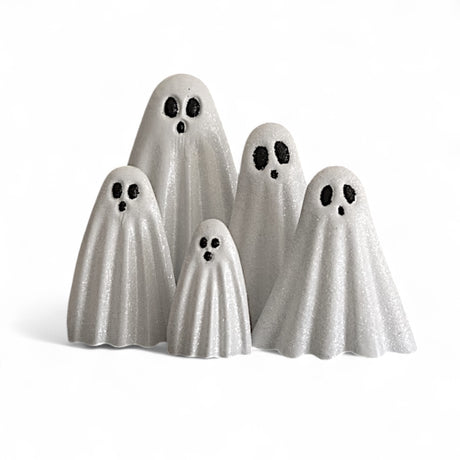 Set of glitter metal nesting Halloween ghost figurines in five sizes