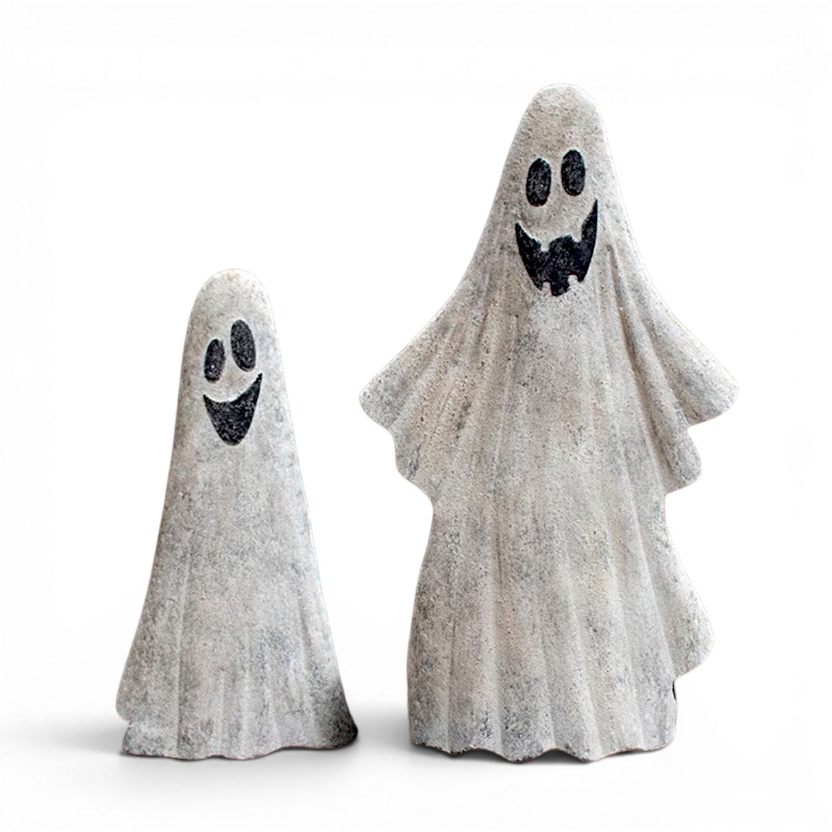 Vintage-inspired painted metal Halloween ghost yard decorations for outdoor porch, garden, and seasonal fall décor.