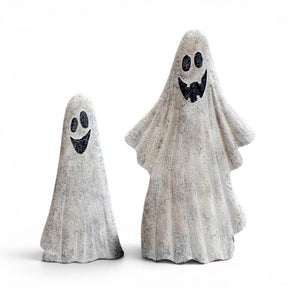 Vintage-inspired painted metal Halloween ghost yard decorations for outdoor porch, garden, and seasonal fall décor.