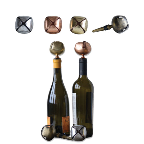 Metal jingle bell wine bottle stopper in silver, copper, gold, and bronze finishes