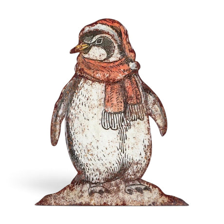 Flat metal penguin decoration wearing a scarf, with a standing silhouette measuring 18 inches tall.