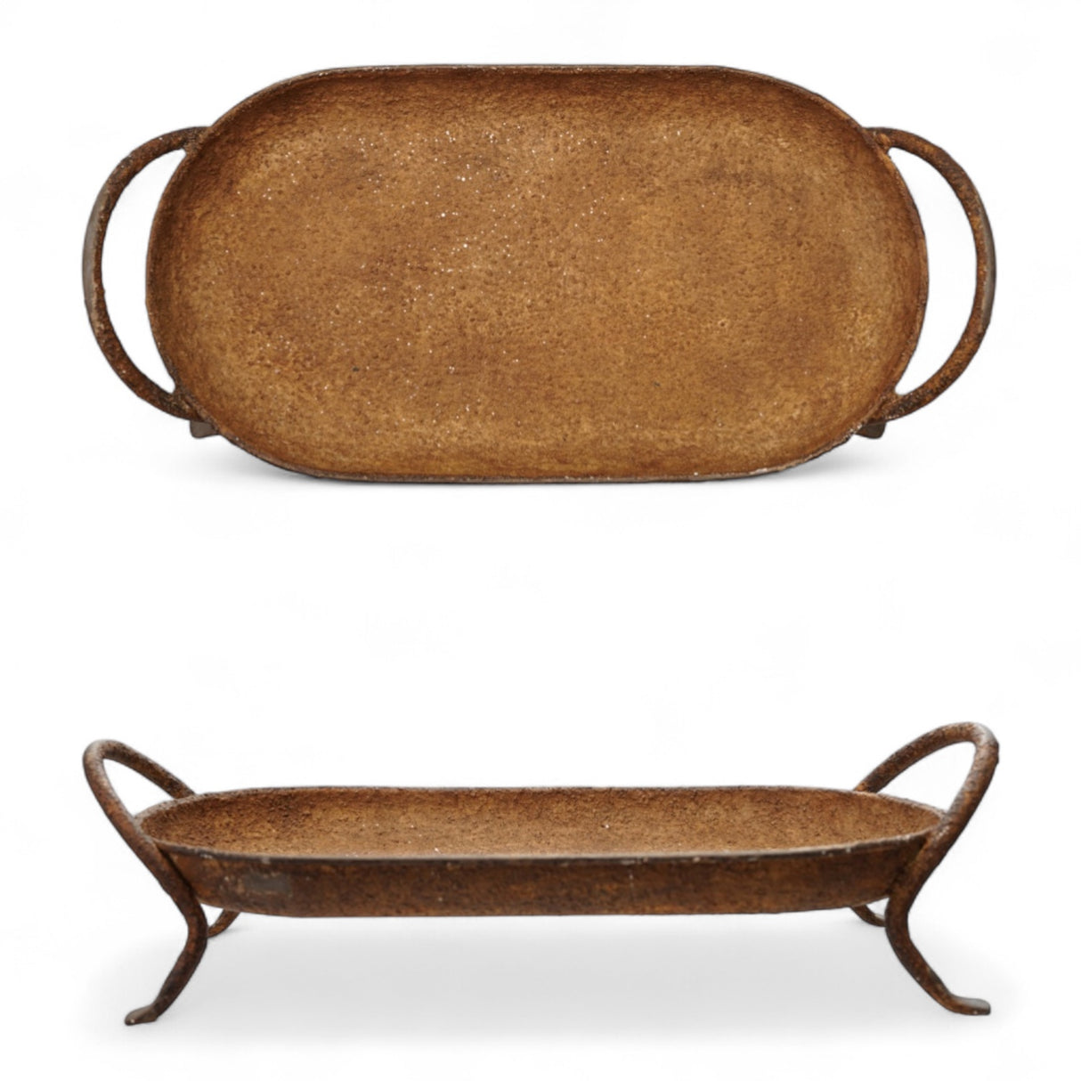Two rustic metal trays with handles