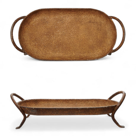 Two rustic metal trays with handles