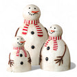 Metal snowman figurines with red striped scarves