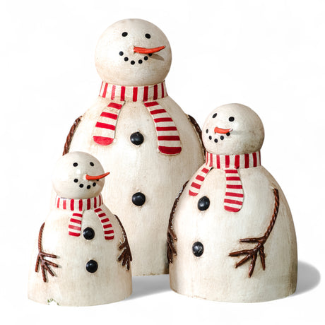 Metal snowman figurines with red striped scarves