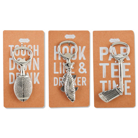 Three metal bottle openers in football, fish, and golf club designs, each displayed on themed packaging cards.