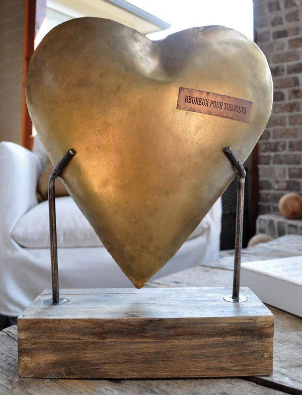Metal Heart Sculpture with Reclaimed Wood Base