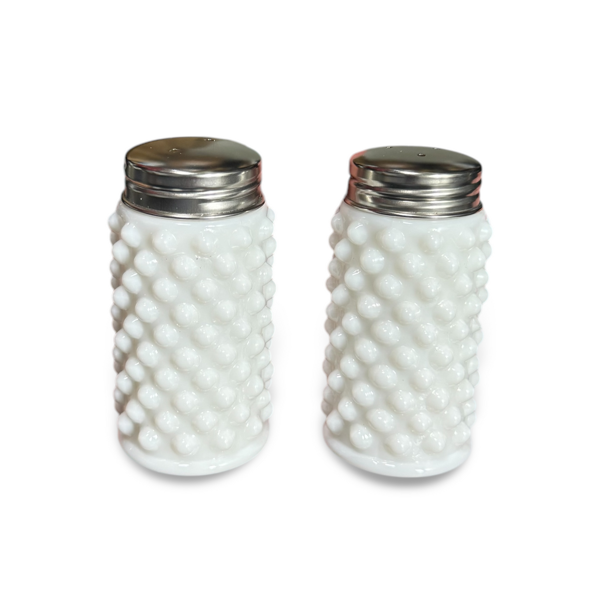 White milk glass hobnail salt and pepper shaker set with stainless steel lids