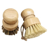 Mini bamboo scrub brush with sisal bristles, ideal for dishwashing and kitchen cleaning.