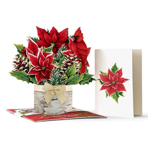 Mini Birch Poinsettia pop-up Christmas card with poinsettias, holly, pinecones, champagne bow, cardinal, and white birch log