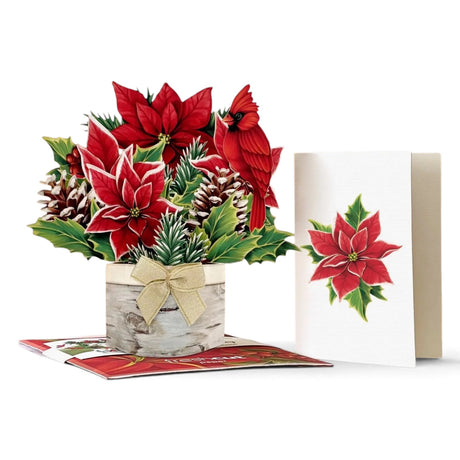 Mini Birch Poinsettia pop-up Christmas card with poinsettias, holly, pinecones, champagne bow, cardinal, and white birch log