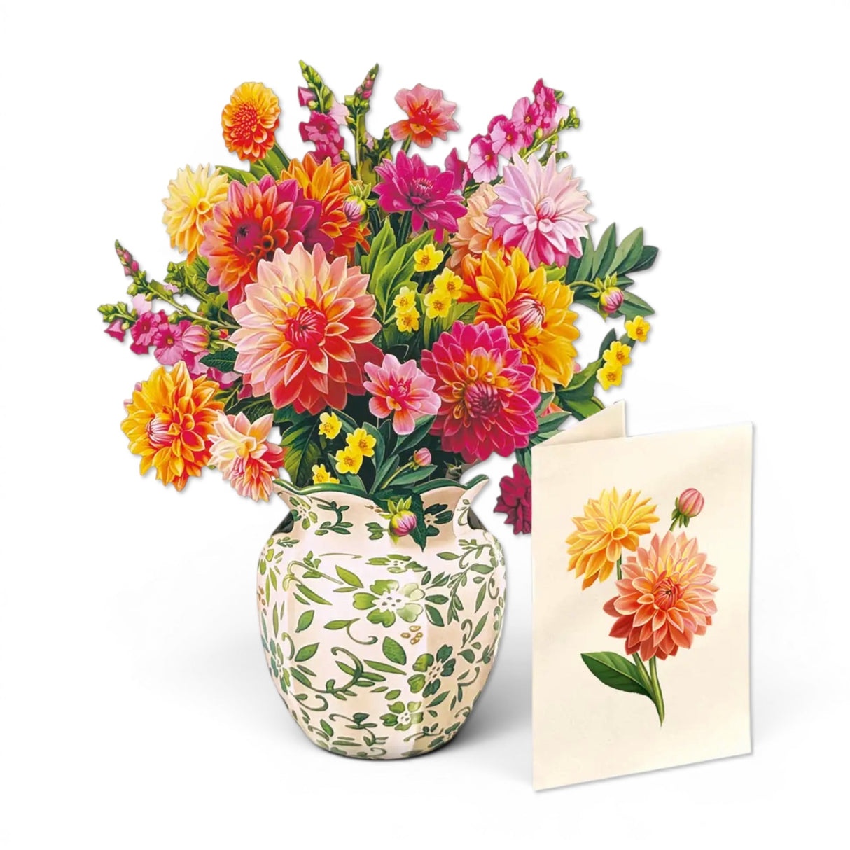 Mini dahlia sunrise pop-up card with coral and pink blooms by FreshCut Paper. A cheerful floral greeting card perfect for gifting and everyday moments.
