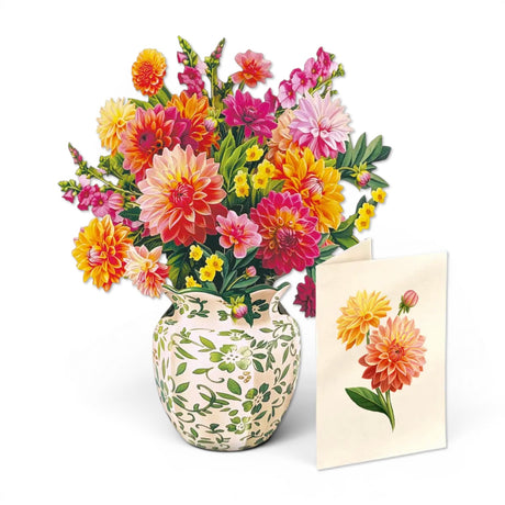 Mini dahlia sunrise pop-up card with coral and pink blooms by FreshCut Paper. A cheerful floral greeting card perfect for gifting and everyday moments.
