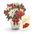 Mini Festive Poinsettia pop-up Christmas card with red and white poinsettias, holly, berries, and holiday vase