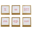 Six square gold metal and glass easel frames with red seasonal sayings on cream backgrounds.