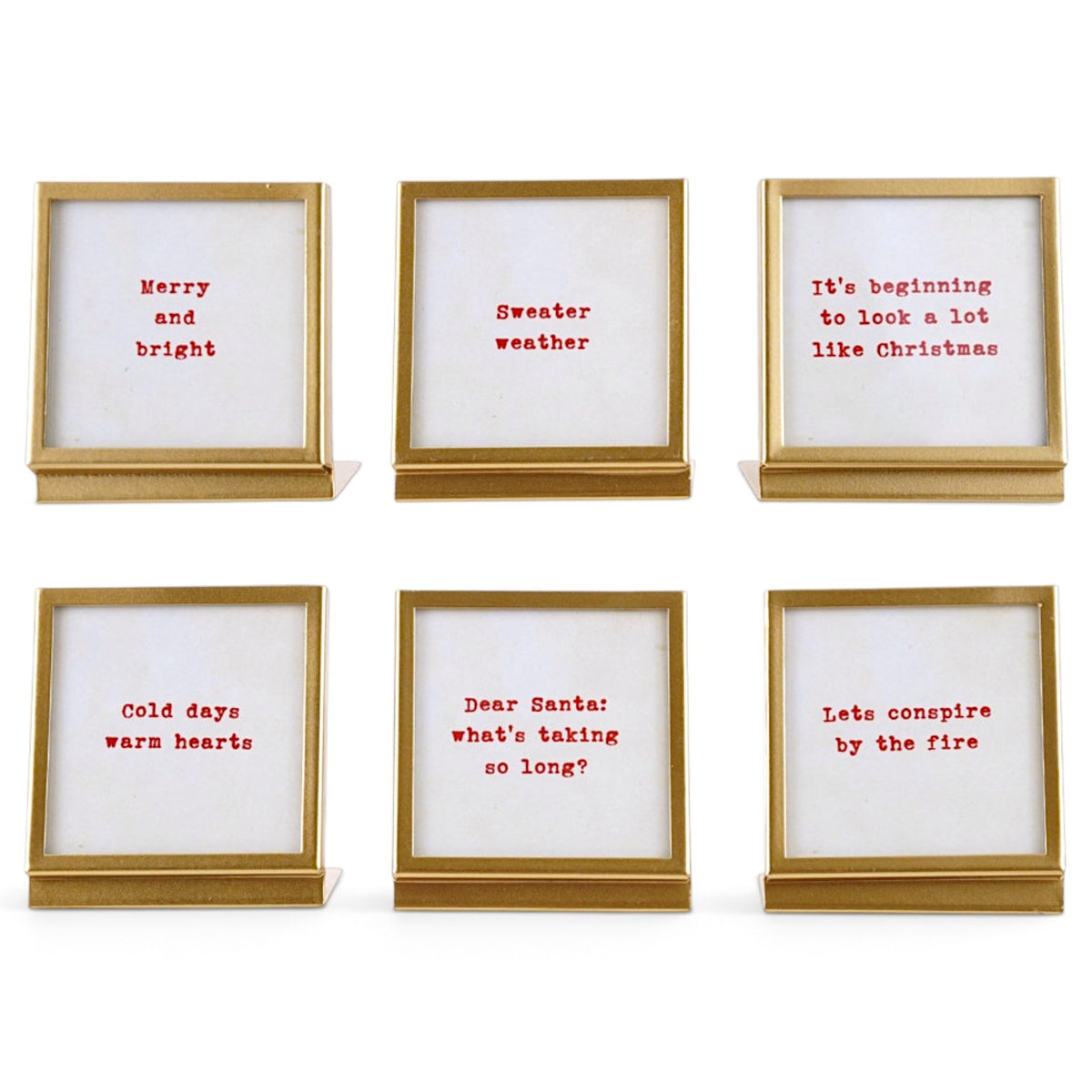 Six square gold metal and glass easel frames with red seasonal sayings on cream backgrounds.