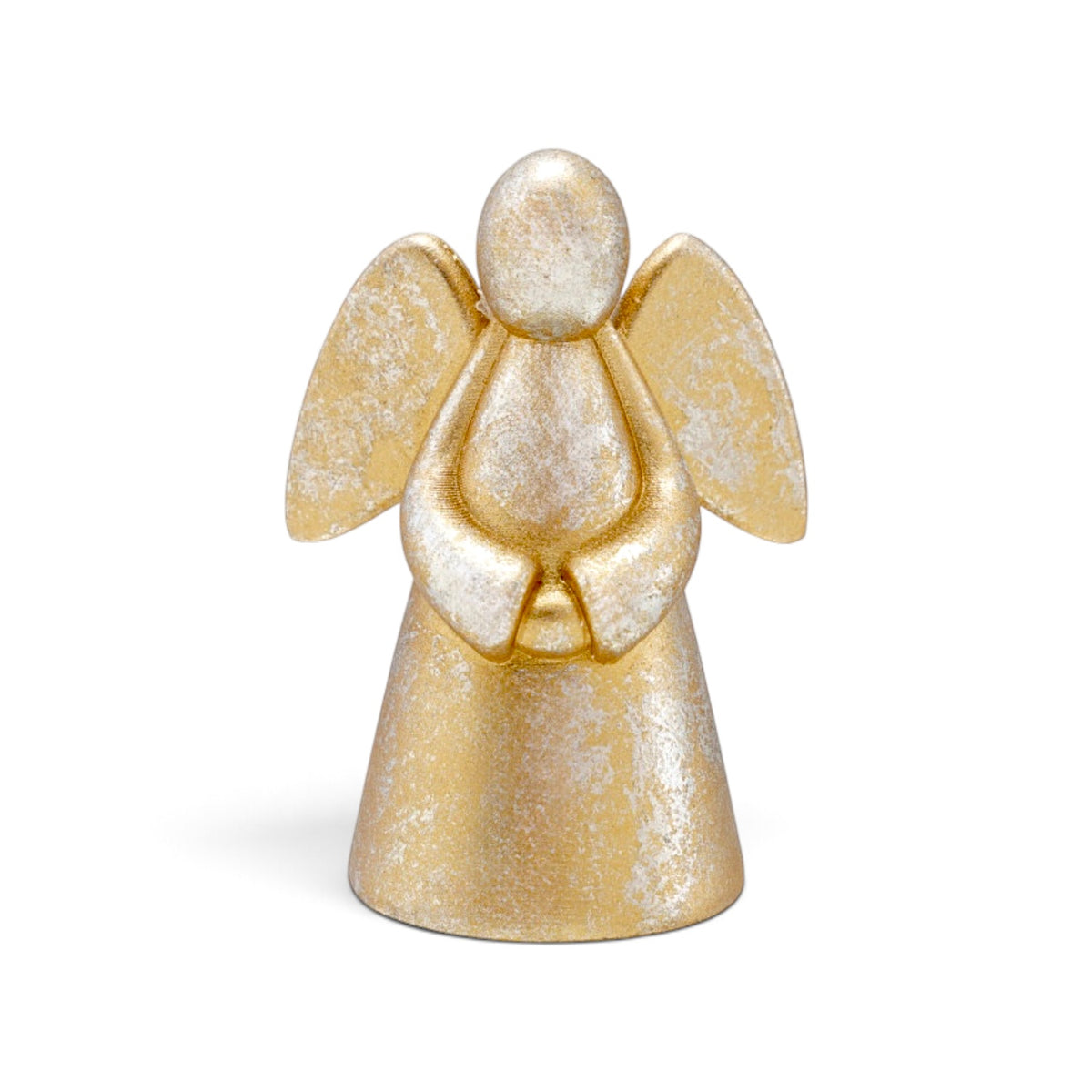 Small resin angel figurine with curved wings, folded hands, a flowing gown, and a mottled gold finish.