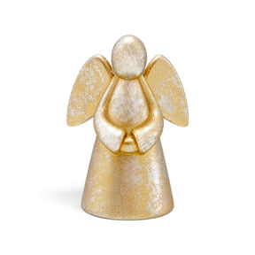 Small resin angel figurine with curved wings, folded hands, a flowing gown, and a mottled gold finish.