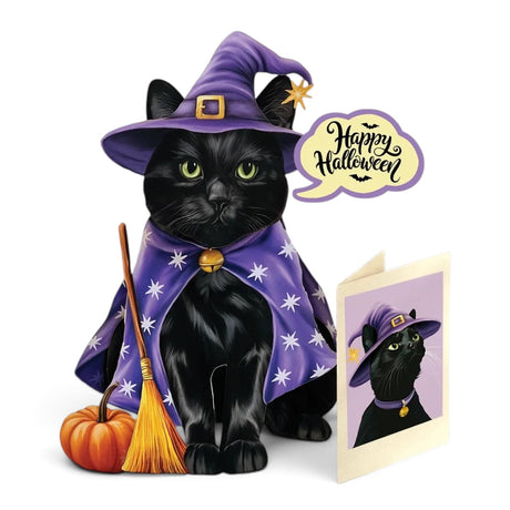Mini Halloween Cat pop-up greeting card with black cat in purple witch hat and starry cape