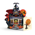Mini haunted house pop-up Halloween greeting card with jack-o’-lanterns, flying witch, scavenger hunt, envelope, and blank notecard