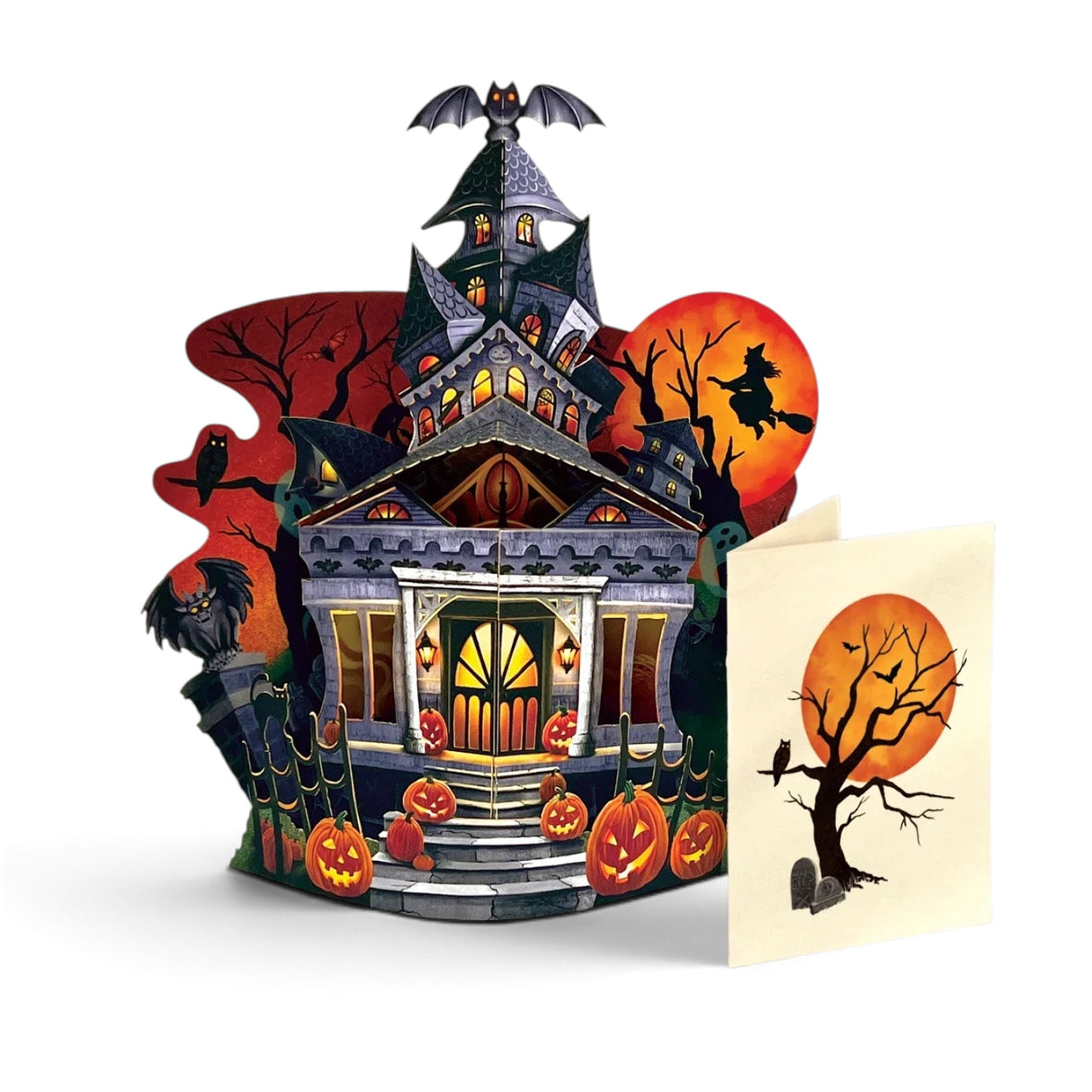 Mini haunted house pop-up Halloween greeting card with jack-o’-lanterns, flying witch, scavenger hunt, envelope, and blank notecard