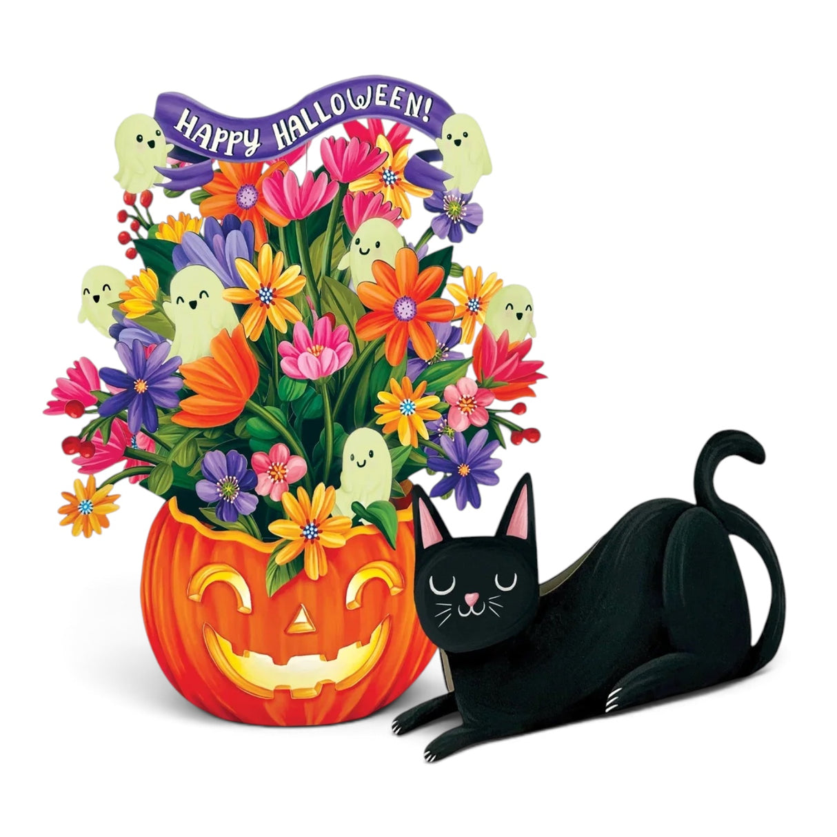 Mini jack-o’-lantern pop-up Halloween bouquet with glow-in-the-dark pumpkins, colorful flowers, ghosts, and black cat card