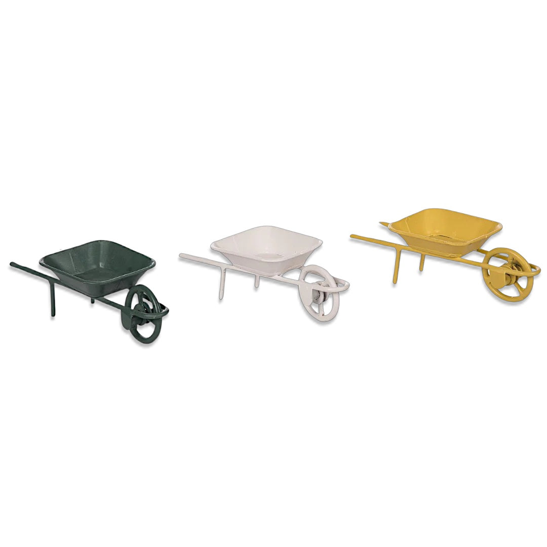 Mini metal wheelbarrow in three colors, ideal for decorative displays