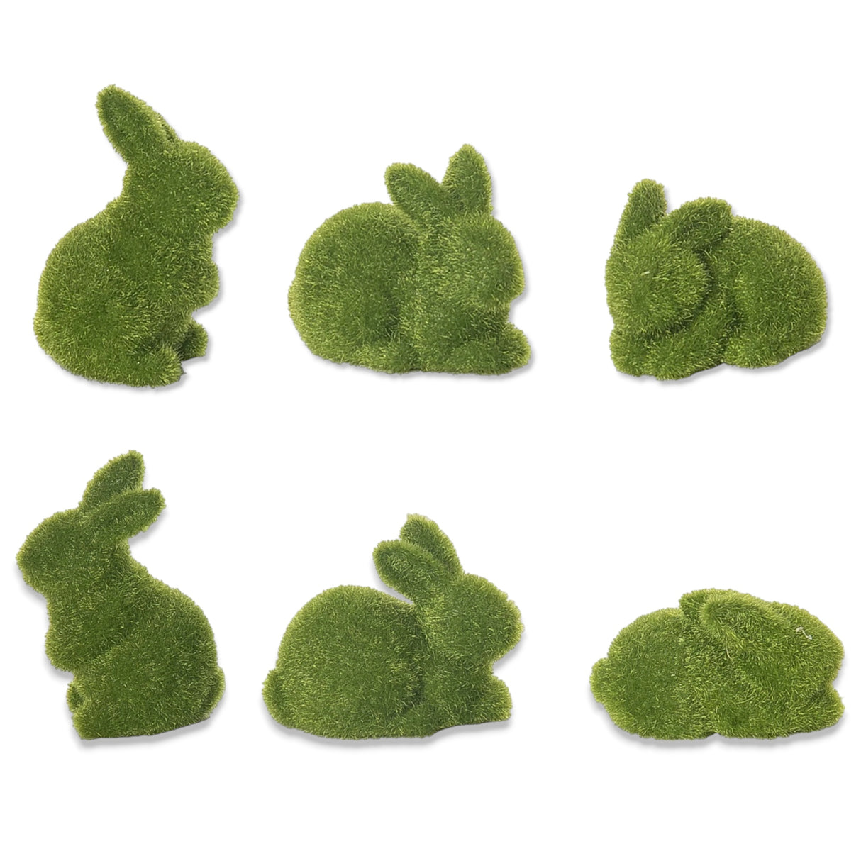 Three mini moss flocked bunny figurines in different poses with a soft green texture.